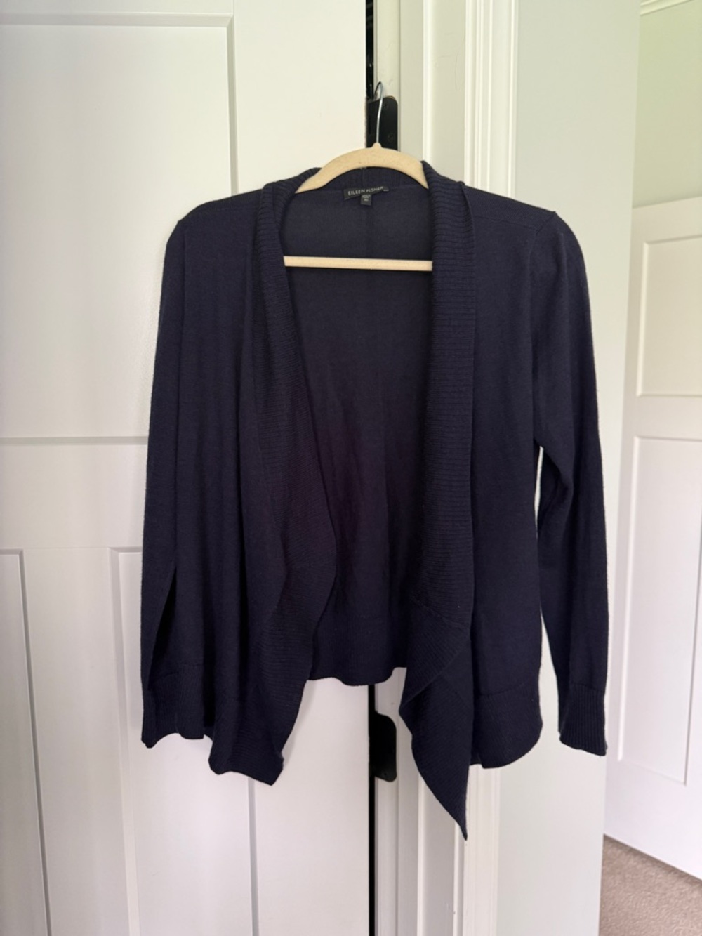 Eileen Fisher Navy Wool Open-Front‎ Draped Cardigan Sweater
